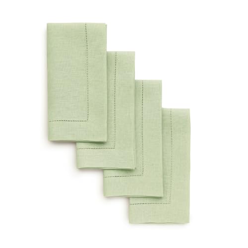 Pure Linen Dinner Napkins, Sage Green Hemstitch, 20x20 Inch, Set of 4