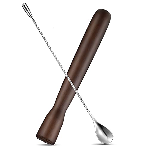 Patelai Brown Wooden Cocktail Muddler & Stainless Steel Bar Spoon Set