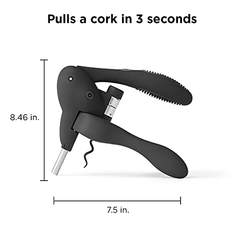 Rabbit W6004N Lever Corkscrew Wine Opener - Black/Silver, Includes Foil Cutter & Extra Spiral