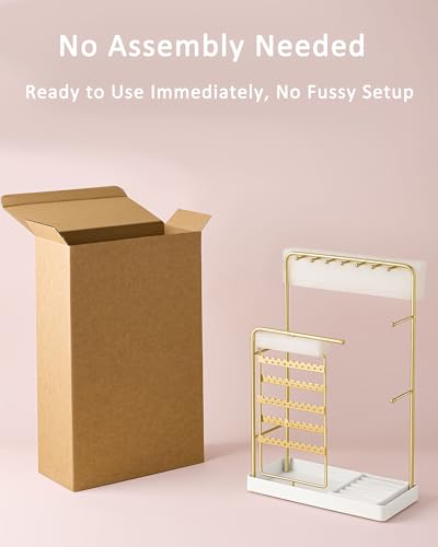 Rotating Jewelry Stand Organizer with 5-Tier Earring Holder and Ring Tray