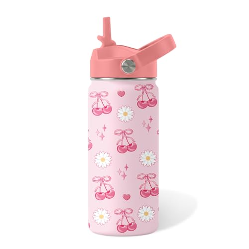 Insulated Stainless Steel Kids Water Bottle with Straw 16oz Cherry Design