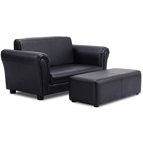 Kids 2-Seater Sofa with Ottoman - Black PU Leather Toddler Lounge Chair