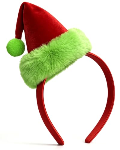 Christmas Santa Hat Headband Red Velvet Green Furry Trim Women Xmas Cosplay