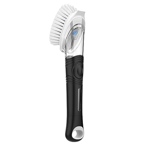 Soap Dispensing Dish Brush with Scraper for Kitchen Pot & Pan Cleaning