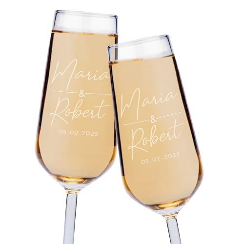 Personalized Wedding Champagne Flutes Set of 2 - Classic Design, 7 oz, Bride & Groom Gift