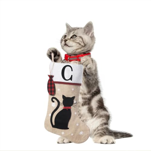Personalized 20-Inch Cat Christmas Stocking with Wood Fish Ornament
