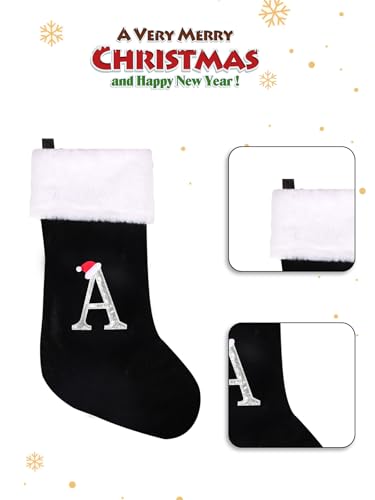 Personalized Monogram Christmas Stocking - 20" Black Velvet & Plush Cuff