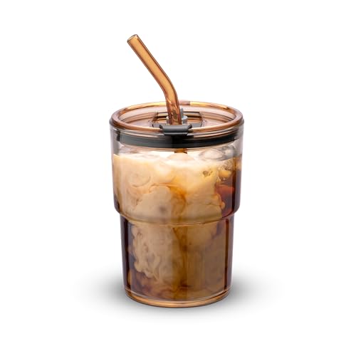 13oz Glass Tumbler with Lid and Straw, Thick-Walled Iced Coffee Cup