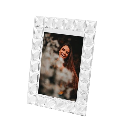kitCom 5x7 Inch Crystal Photo Frame with Grid Diamond Craft - Keepsake Wedding Decor, Tabletop Display, Gift Box