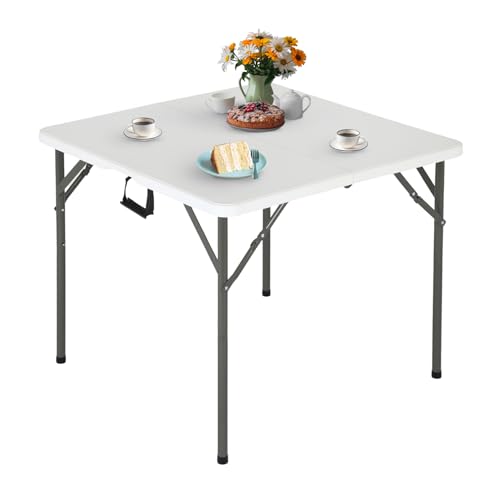 34-Inch Square Portable Plastic Folding Table with Carry Handle & Steel Frame