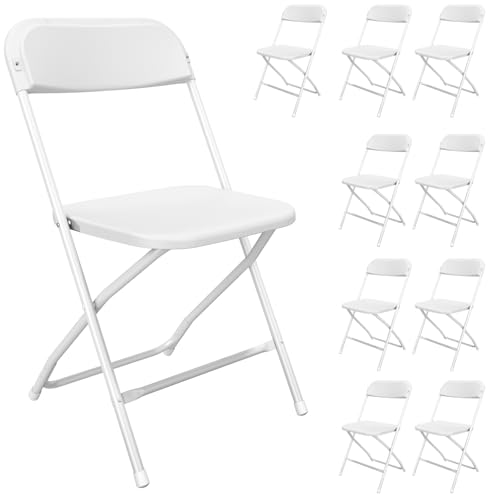 Set of 10 White Folding Chairs, Portable Steel Frame Event Seating