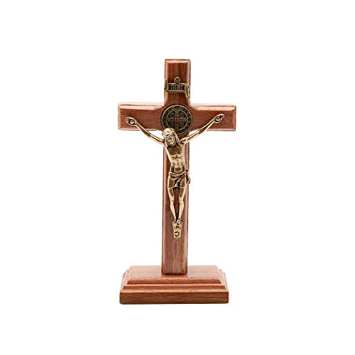 5-Inch Solid Walnut Wood Crucifix with Saint Benedict Medal - Antique Gold