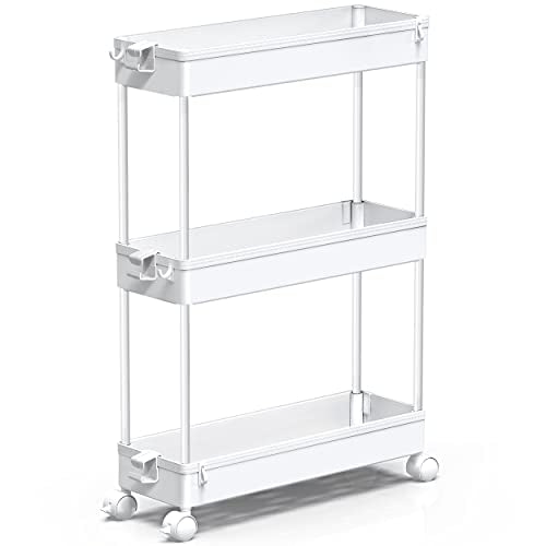 Slim 3-Tier Rolling Storage Cart, Narrow Mobile Utility Cart with Wheels