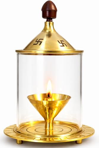 Brass Akhand Jyoti Diya Oil Lamp with Glass Wind Protector (4 Inch)