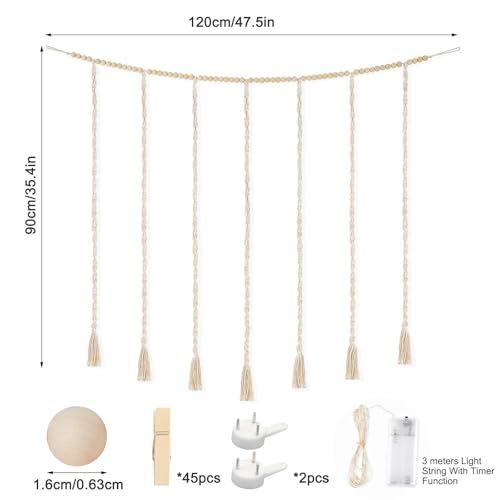 Macrame Hanging Photo Display with String Lights and Wooden Beads