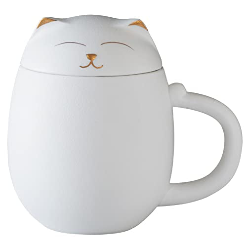 White HEER Cat Ceramic Tea Mug 13.5oz with Infuser & Lid - Cute Cat Design