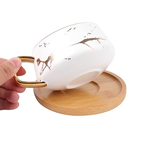 Ceramic Coffee Tea Mug Set with Stainless Steel Spoon & Bamboo Saucer, 10 oz - White & Black