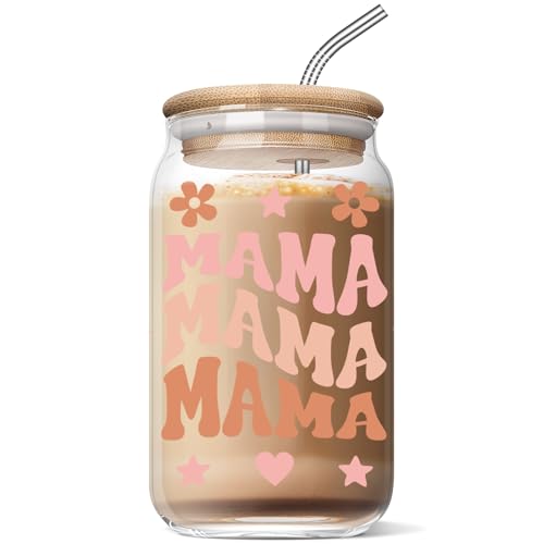 Nurforta C - MAMA 16 Oz Glass Coffee Mug with Leak-Proof Bamboo Lid - Mother's Day Gift