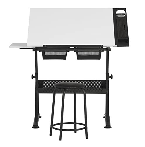 Adjustable Drafting Table and Stool Set with Tilt Top and Storage