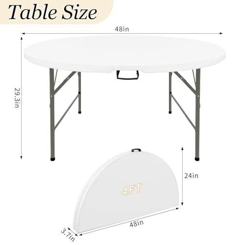4ft Round Folding Table, Portable Heavy-Duty Plastic Picnic Table with Handle
