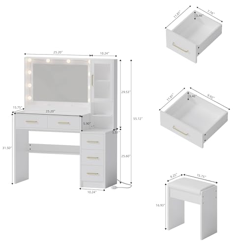 Makeup Vanity Table with Lights, Charging Station and 5 Storage Drawers