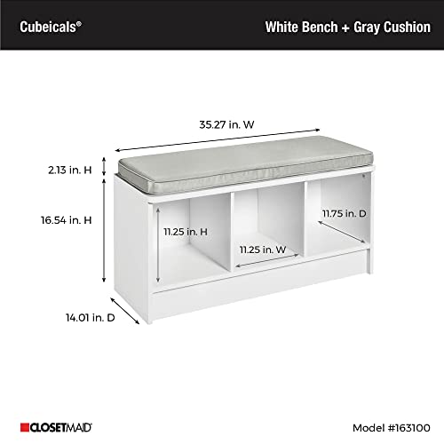 3-Cube Storage Bench with Gray Cushion, White Laminate Entryway Organizer