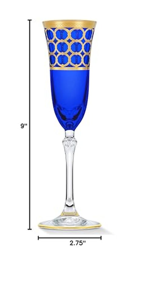 Lorren Home Trends Cobalt Blue Champagne Flutes with Gold Rings, Set of 4