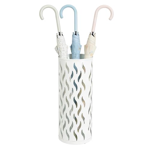 Metal Umbrella Stand for Entryway - Slim Storage Rack with 4 Hooks (White)