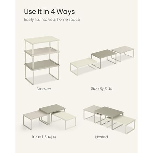 SONGMICS Cabinet Organizer Shelf, Set of 3 Kitchen Counter Shelves, Kitchen Storage, Spice Rack, Stackable, Expandable, Sand Beige UKCS220K01