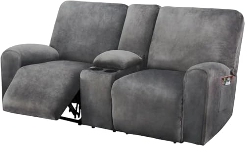 2-Seater Reclining Loveseat Cover - Velvet Stretch Slipcover, Dark Grey