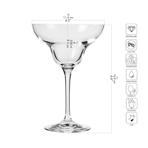 Margarita Glasses Set - 9.1 oz Lead-Free Crystal Cocktail Glassware (6)