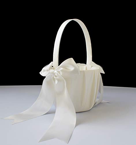 Ivory Satin Flower Girl Baskets - 2 Piece Wedding Ceremony Set with Bows