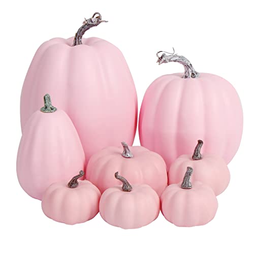 8-Piece Pink Artificial Pumpkin Set, Lifelike Foam Fall Table Decor