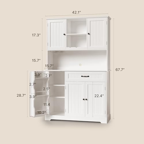 67" Tall Kitchen Pantry Cabinet with Coffee Bar Hutch & Storage - White