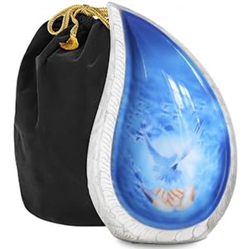 Trupoint Memorials Cremation Urns for Human Ashes, Decorative Burial Urn for Adult Men & Women – Large, White Blue Teardrop Dove