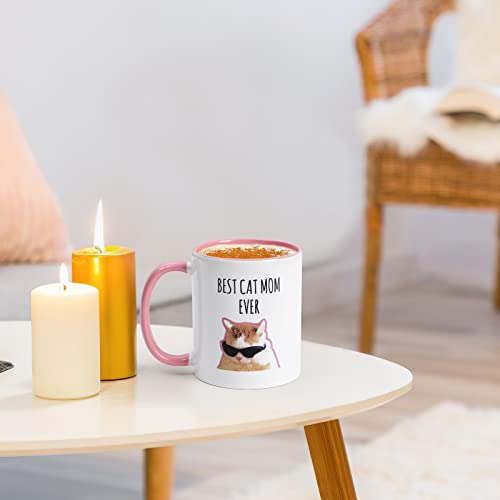 Maustic Two Tone Cat Mom Mug 11oz – Pink & White with Cat Photo Gift