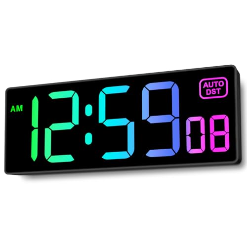 Large LED Digital Wall Clock - 10" 8 RGB Color Display with Auto DST & Dimmer