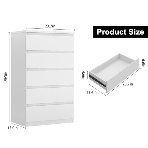 Jocoevol White 5-Drawer Bedroom Dresser - Modern Wood Storage Chest