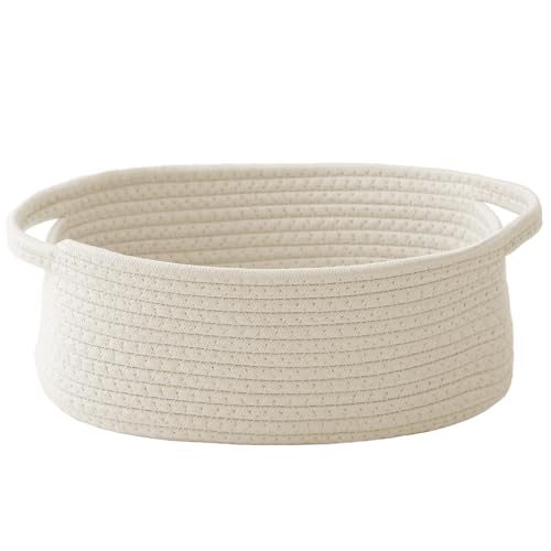 Small Woven Cotton Rope Gift Basket with Handles, White Storage Bin