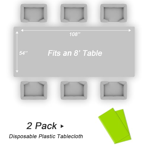 QIKSION 2 Pack Lime Green Plastic Tablecloth - Neon Green 54 x 108 Inches, Disposable Party Cover