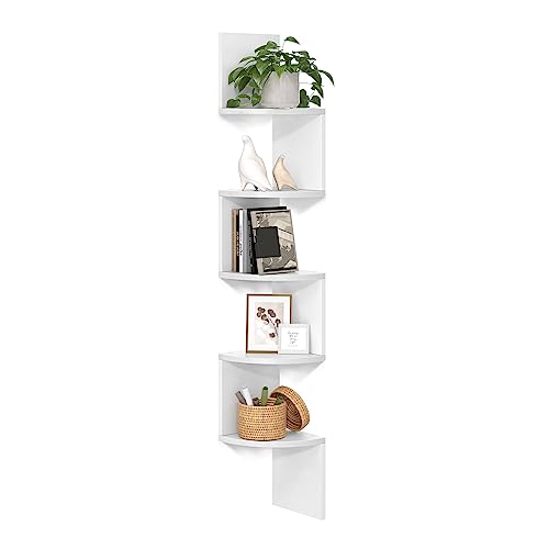 5-Tier Floating Corner Shelf, Wall-Mounted Bookshelf in Cloud White