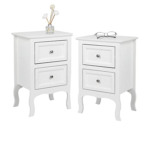 2-Drawer Wooden Nightstand Set, Small Bedside Table with Storage, White