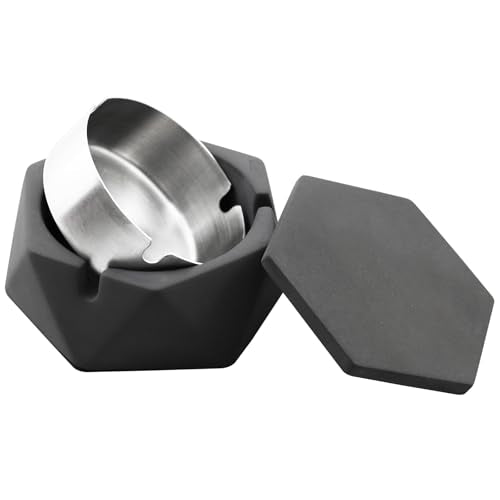 Concrete Ashtray with Lid - Small Geometric Smokeless Cement Ash Holder