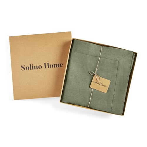 Solino Home 100% Pure Linen Rectangle Tablecloth Oil Green 60 x 90 inches - Elegant Dining Decor