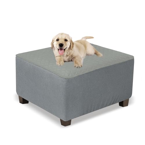 Large Waterproof Square Ottoman Cover - Light Gray, Stretch Fit