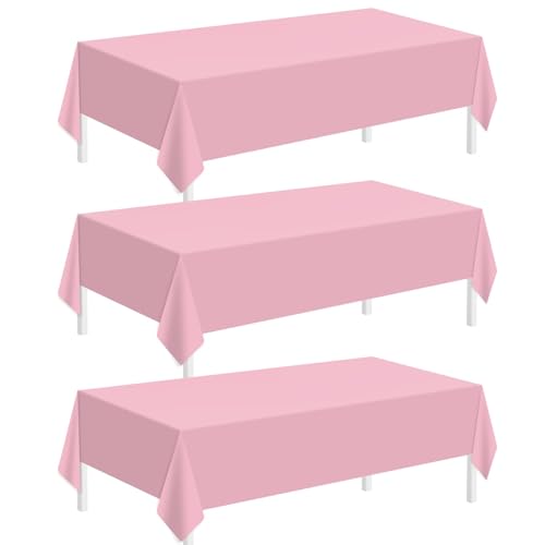 Childom Pink Plastic Tablecloth 54x108 Inches Pack of 3 for Rectangle Tables – Disposable Party Cover for Indoor Outdoor Events