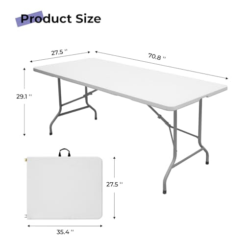 6ft Folding Utility Table, Portable Plastic Fold-in-Half Table for Dining