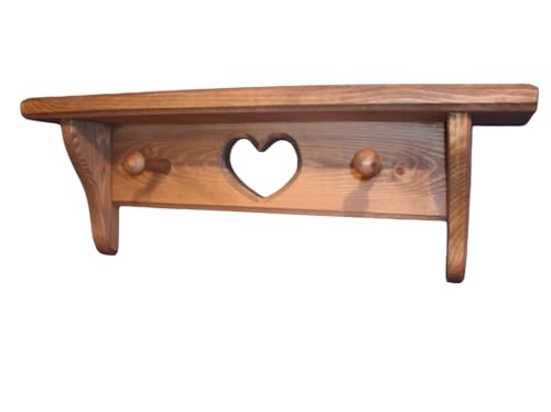 16-Inch Rustic Wooden Wall Shelf with Heart and Pegs, Walnut Stained