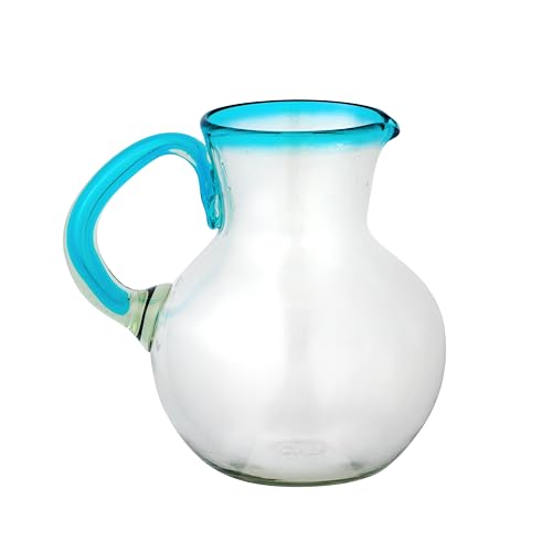 Handblown Mexican Glass Pitcher with Aqua Rim - Eco-Friendly Recycled Cola Bottle