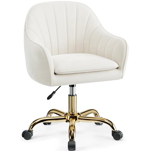 Velvet Vanity Desk Chair with Wheels - Adjustable Swivel Makeup Chair, Beige